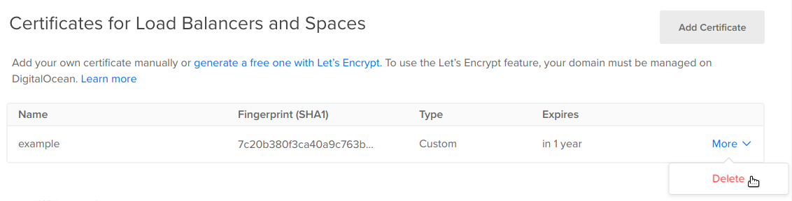 The SSL certificate more menu