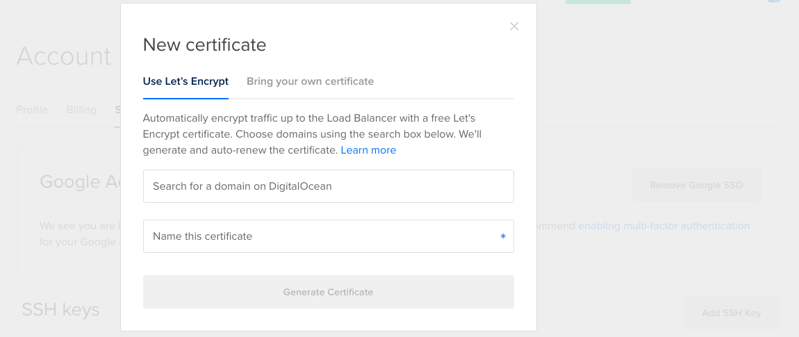 The New Certificate window