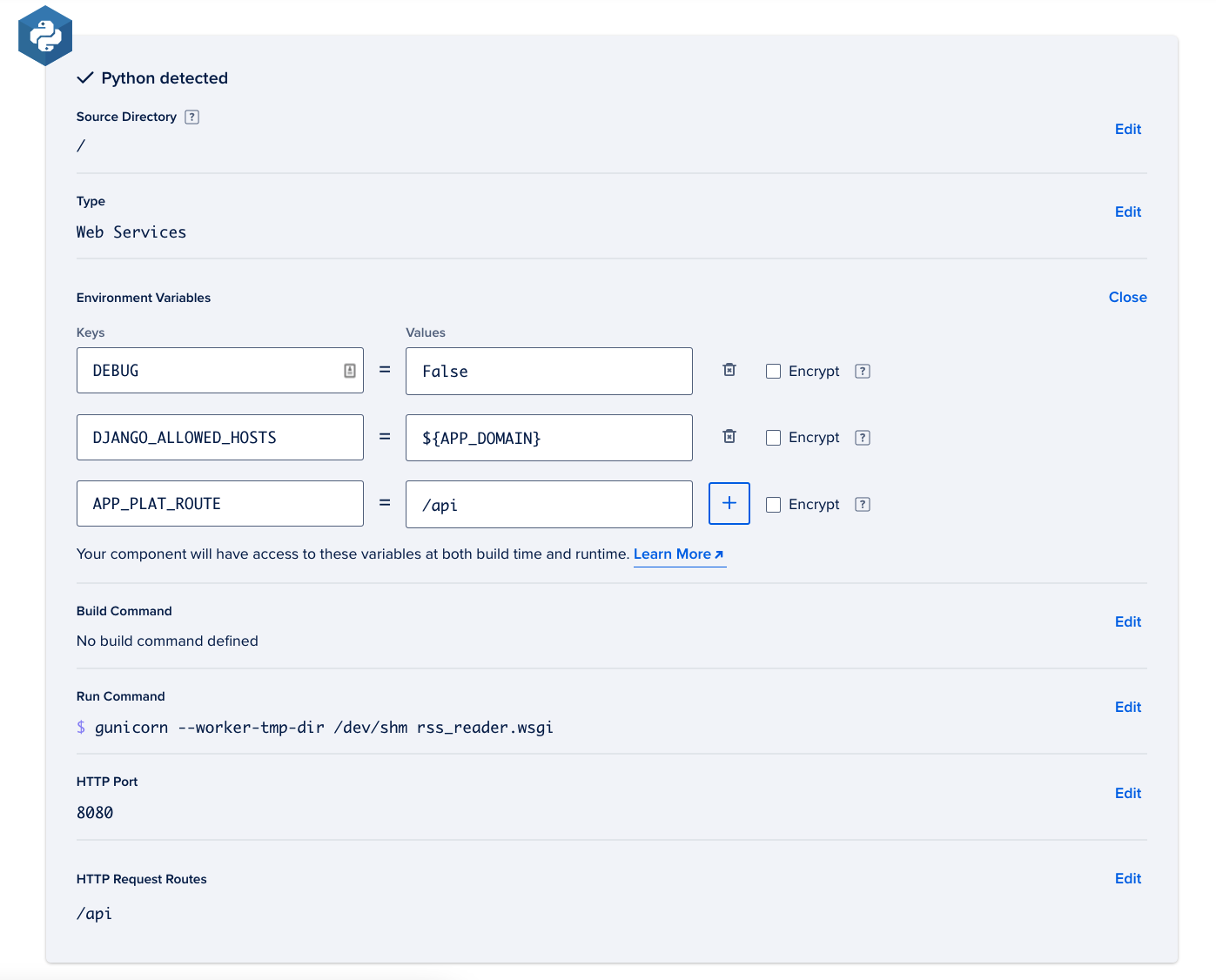 App configuration page with applicable fields filled out