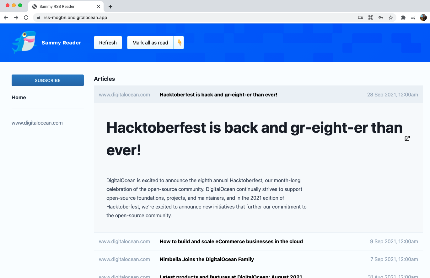 Complete RSS app in browser with DigitalOcean RSS feed displayed