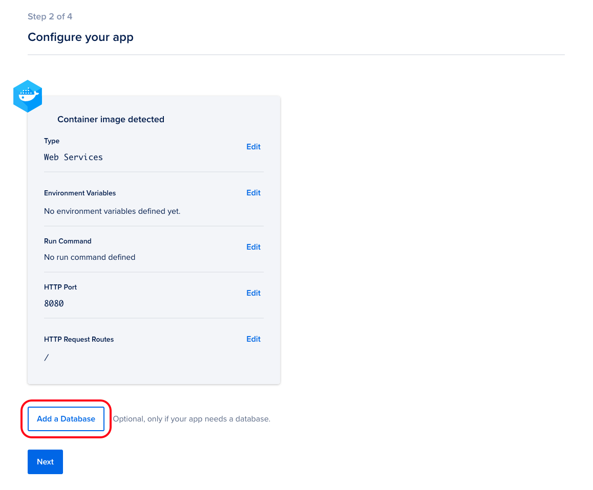 Control panel interface, step 2 of 4, headline is 'Configure your app'. There are configuration options for a container image, and a button at the bottom for 'Add a Database'