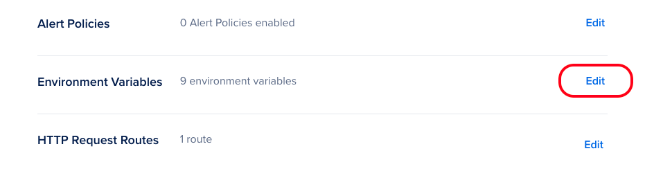 Control panel interface, highlighting the 'Edit' button in the 'Environment Variables' section of the app settings