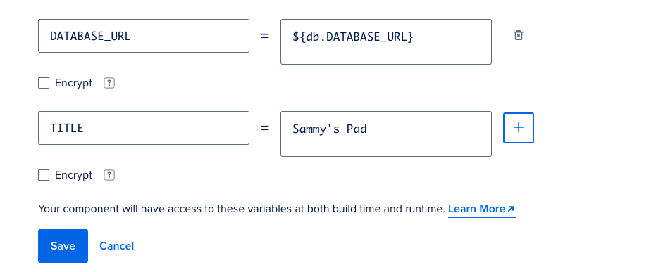 Environment variable configuration interface, with a new 'TITLE' variable and 'Sammy's Pad' as the associated value