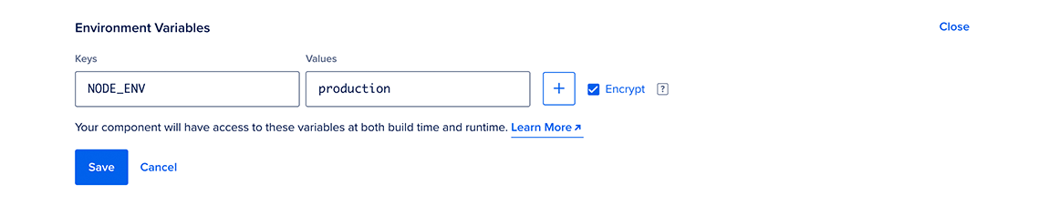 Setting an example environment variable in the control panel.