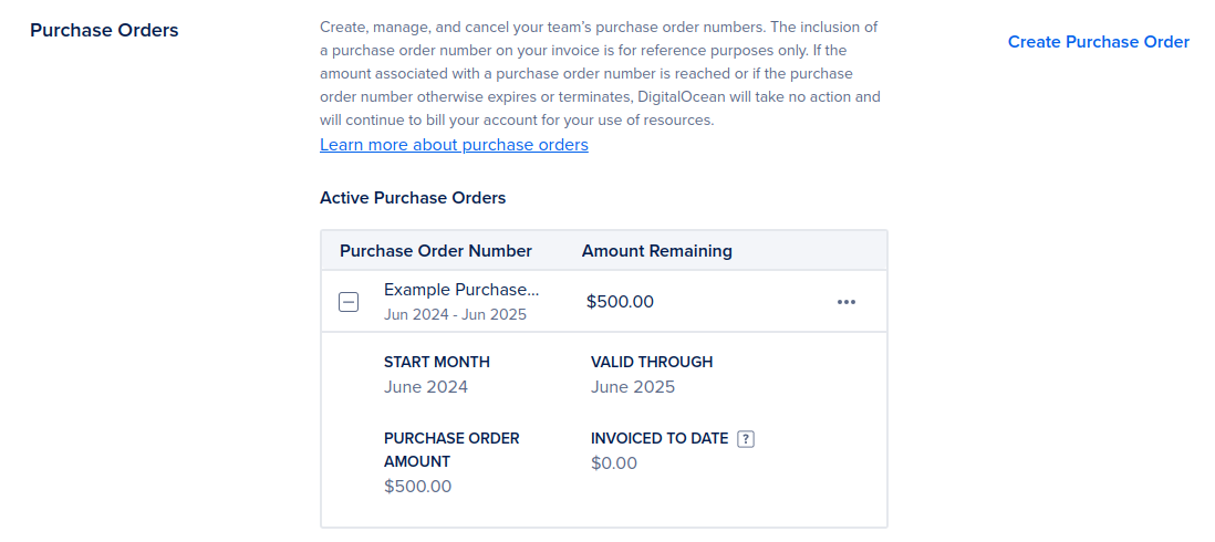 The Purchase Orders section of the Billing page