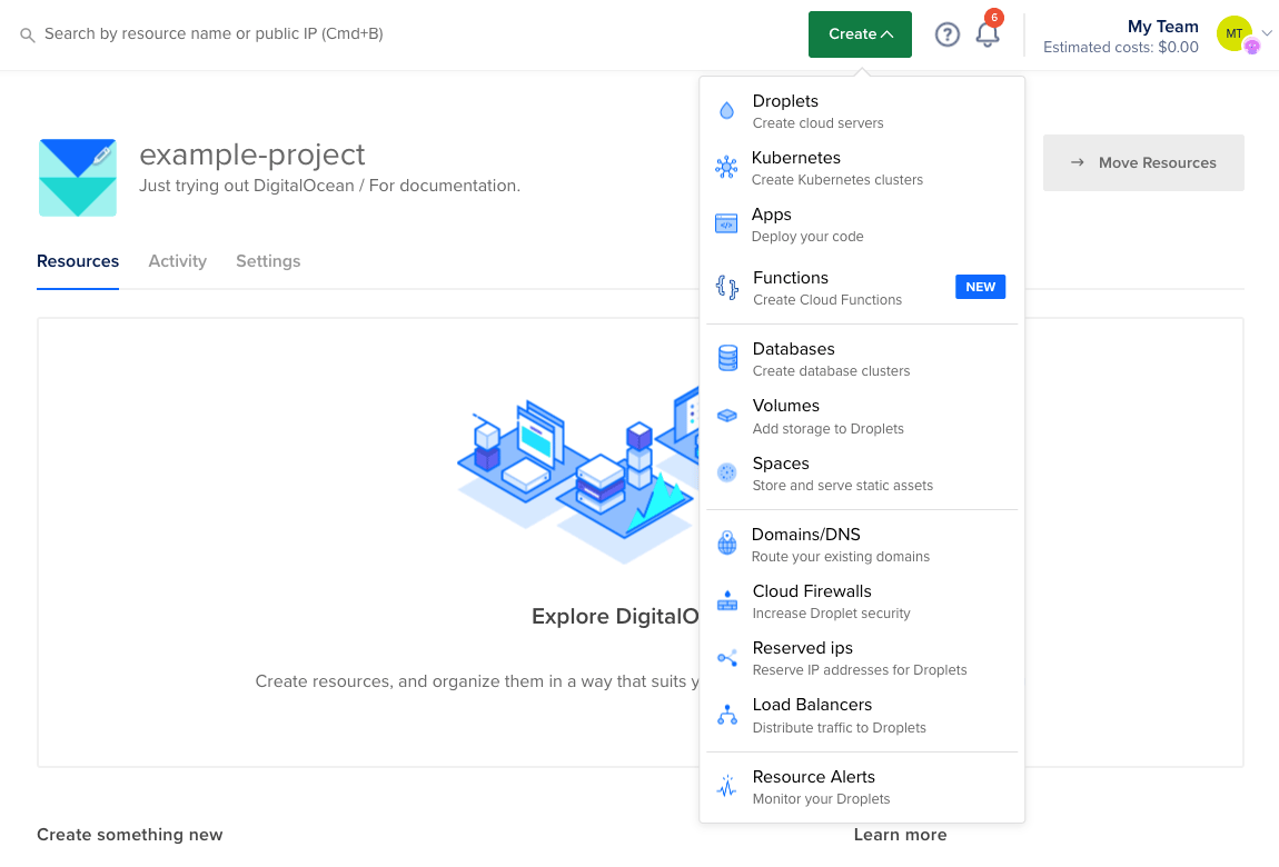 DigitalOcean create page pull-down menu