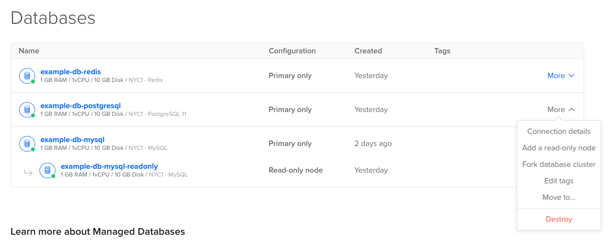 The database cluster's More menu