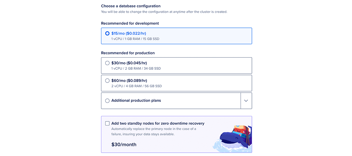 The Choose a cluster configuration section of the Create a database page displaying the node size, standby nodes, and monthly cost