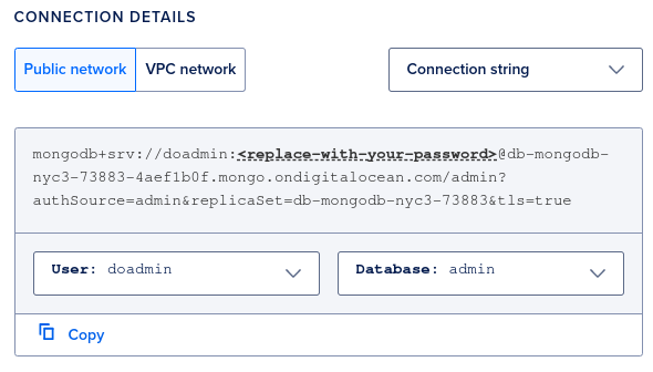 Databases Overview screen showing connection string