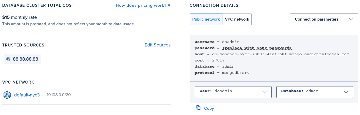 MongoDB Database Overview screen showing connection string