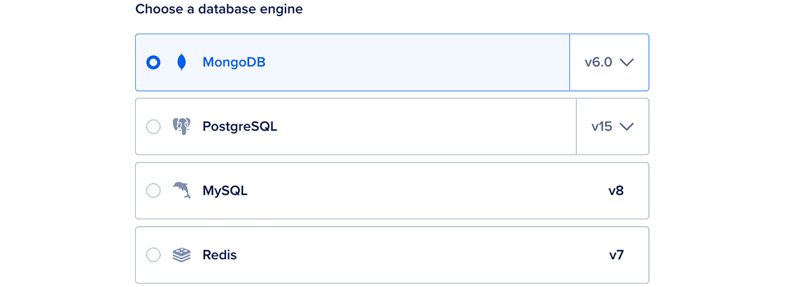 The database engine selection portion of the databases create page