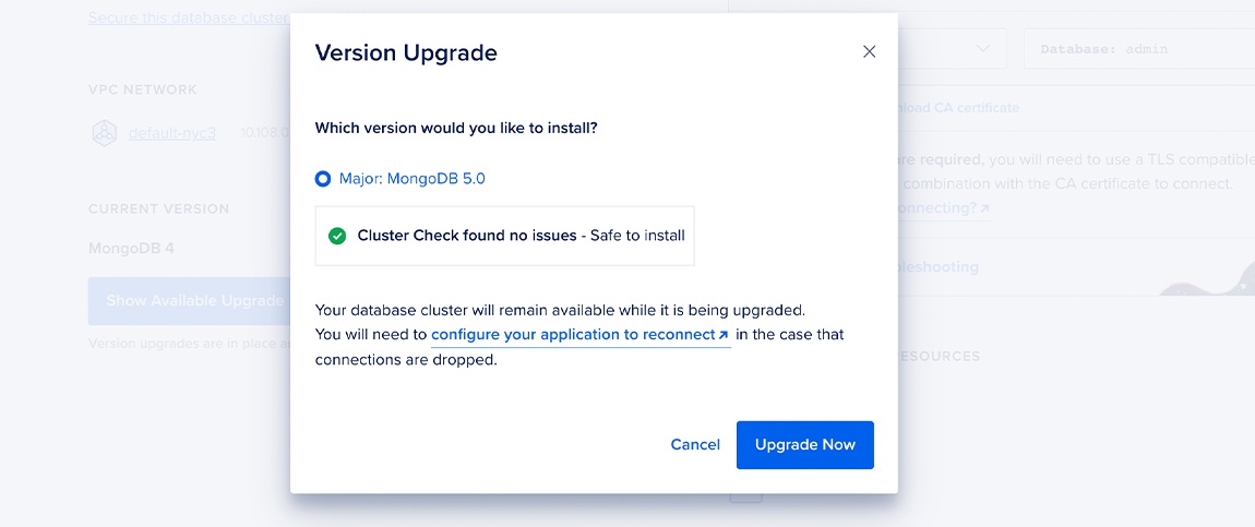 The Version Upgrade pop-up menu