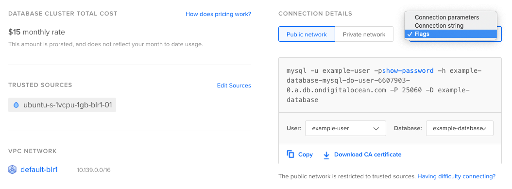 Databases Overview screen showing connection string