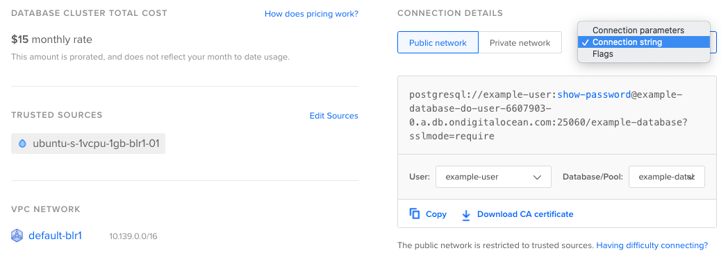 Screenshot of the connnection string in the control panel