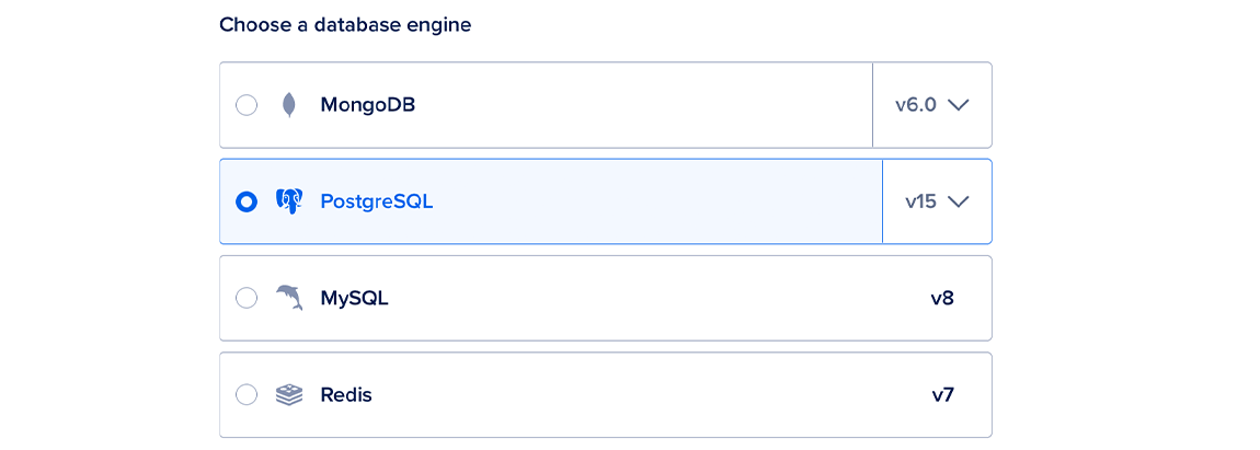 The database engine selection portion of the databases create page