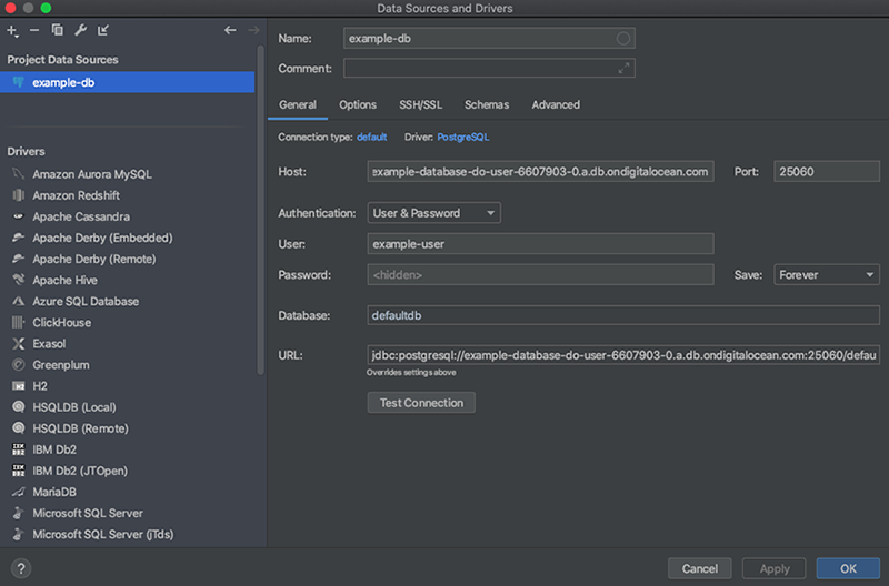 DataGrip Data Sources and Drivers window with connection information