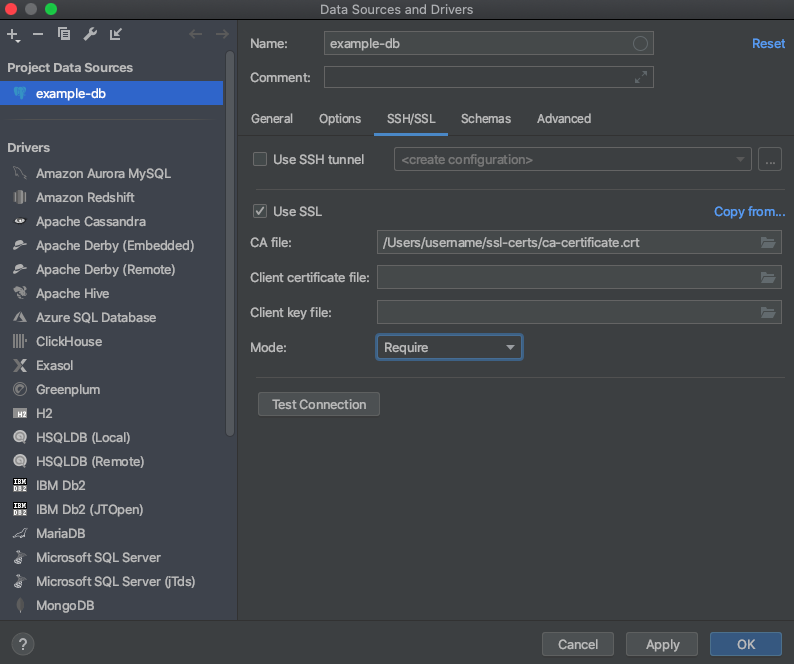 DataGrip Data Sources and Drivers SSL tab with connection information