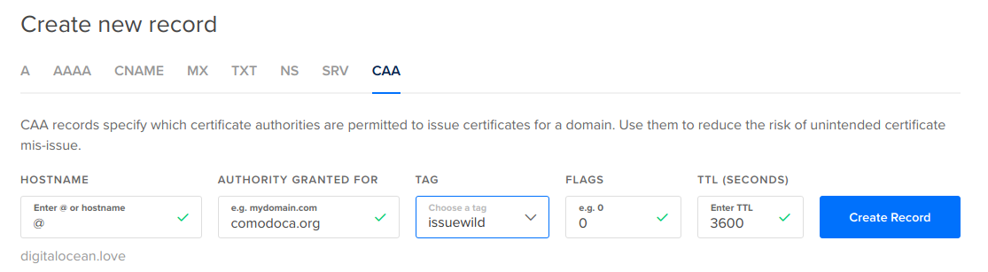 CAA record with issuewild values filled in