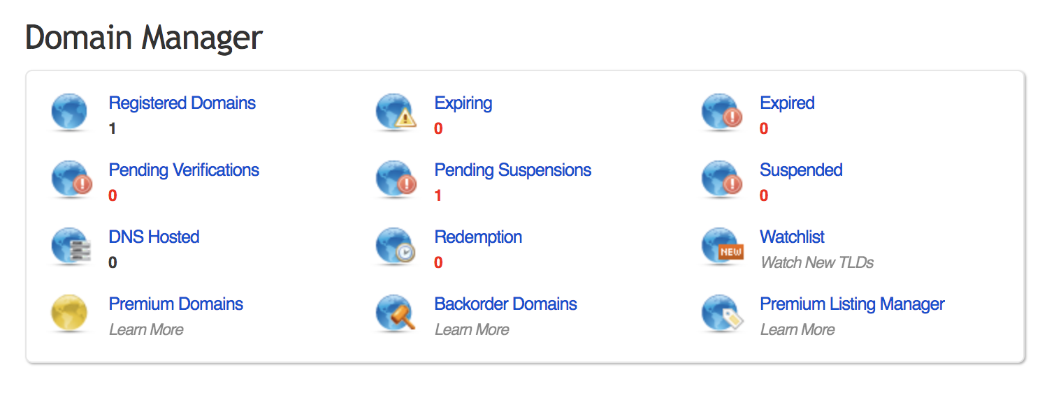 Screenshot of registrar control panel