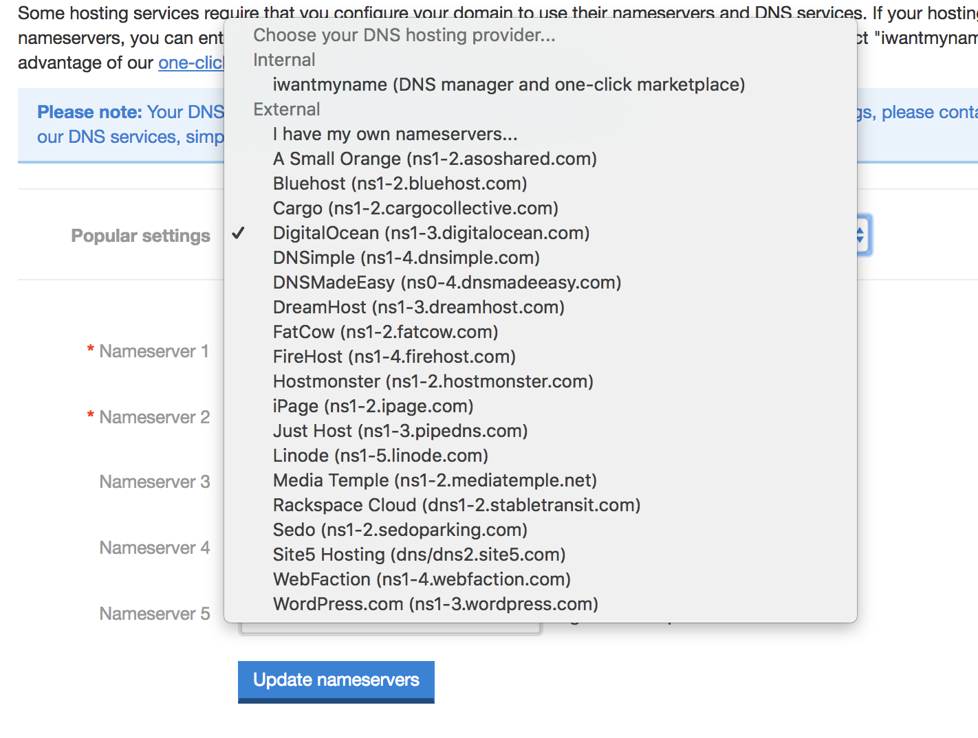 Screenshot of registrar control panel