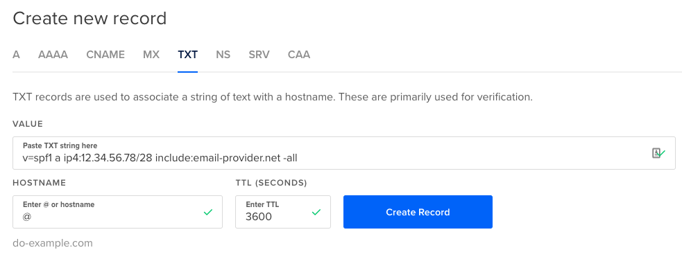 TXT record with SPF information entered