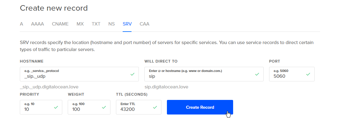 SRV record with SIP configuration