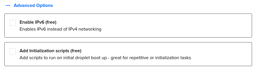 The advanced options section of the Droplet creation page, which includes the Enable IPv6 checkbox.