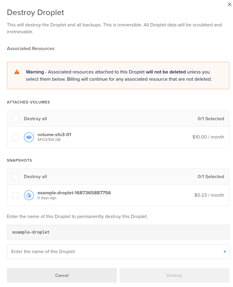 The Destroy Droplet confirmation window with associated resources