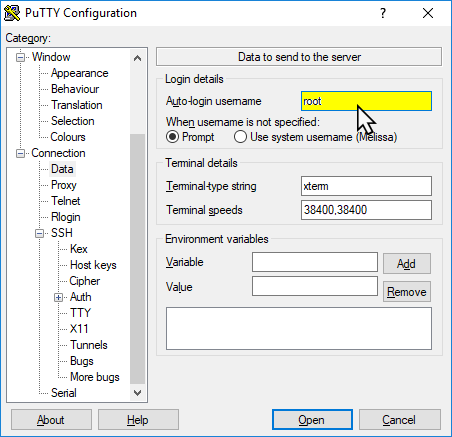 PuTTY username