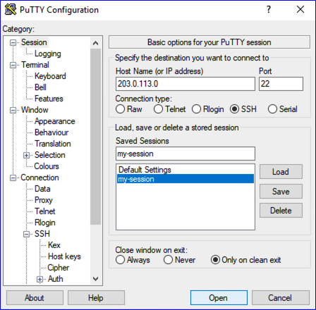 Click Open in Putty menu