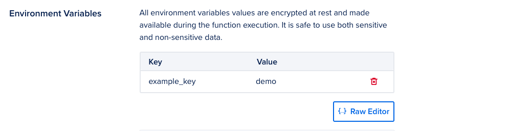 A screenshot of the environment variable interface showing one 'example_key' variable set.