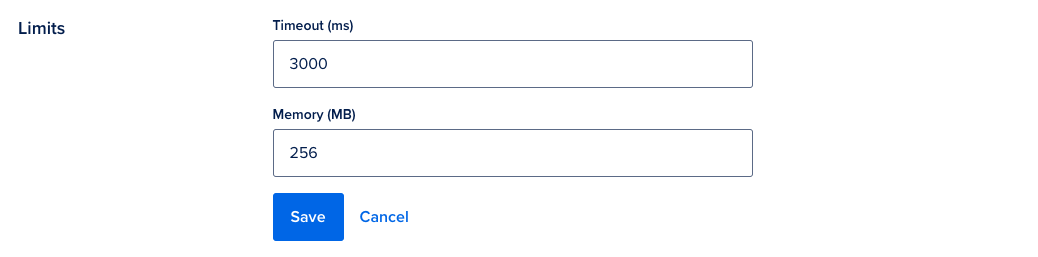 A screenshot of the interface for setting resource limits on a function, showing one text box for 'Timeout' and one for 'Memory'