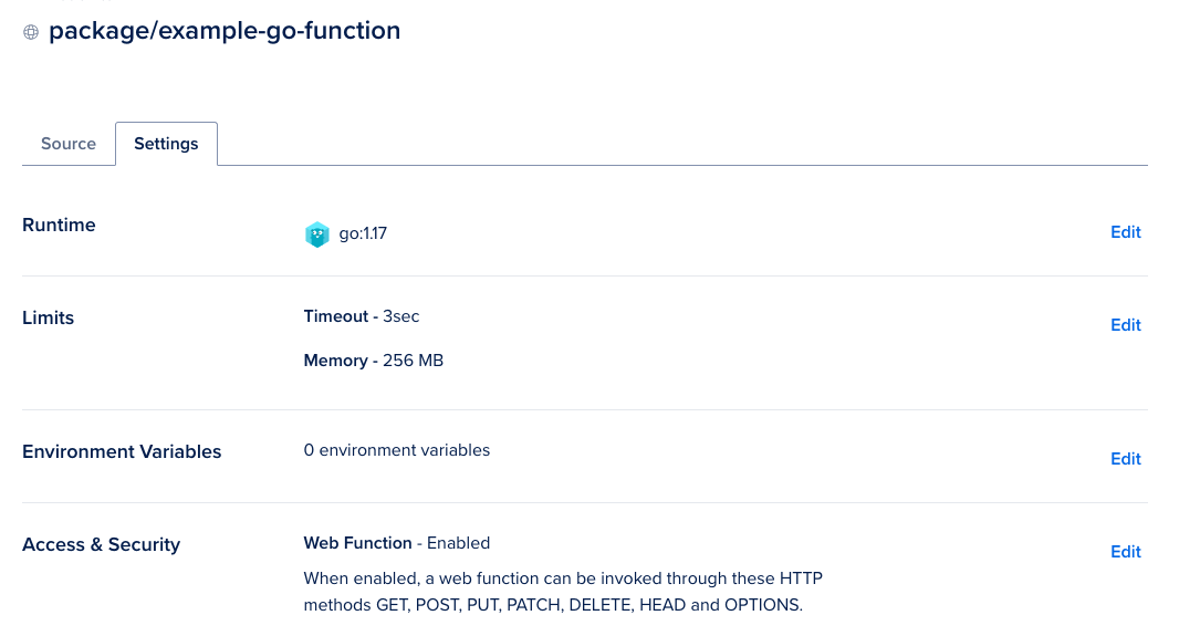 The settings tab of an individual function, showing options for Runtime, Limits, Environment Variables, and Access & Security