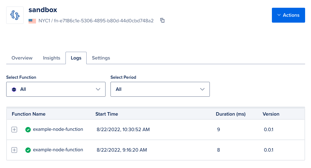 The Logs tab of an individual function, showing the Function and Period selection dropdowns, and a list of logs