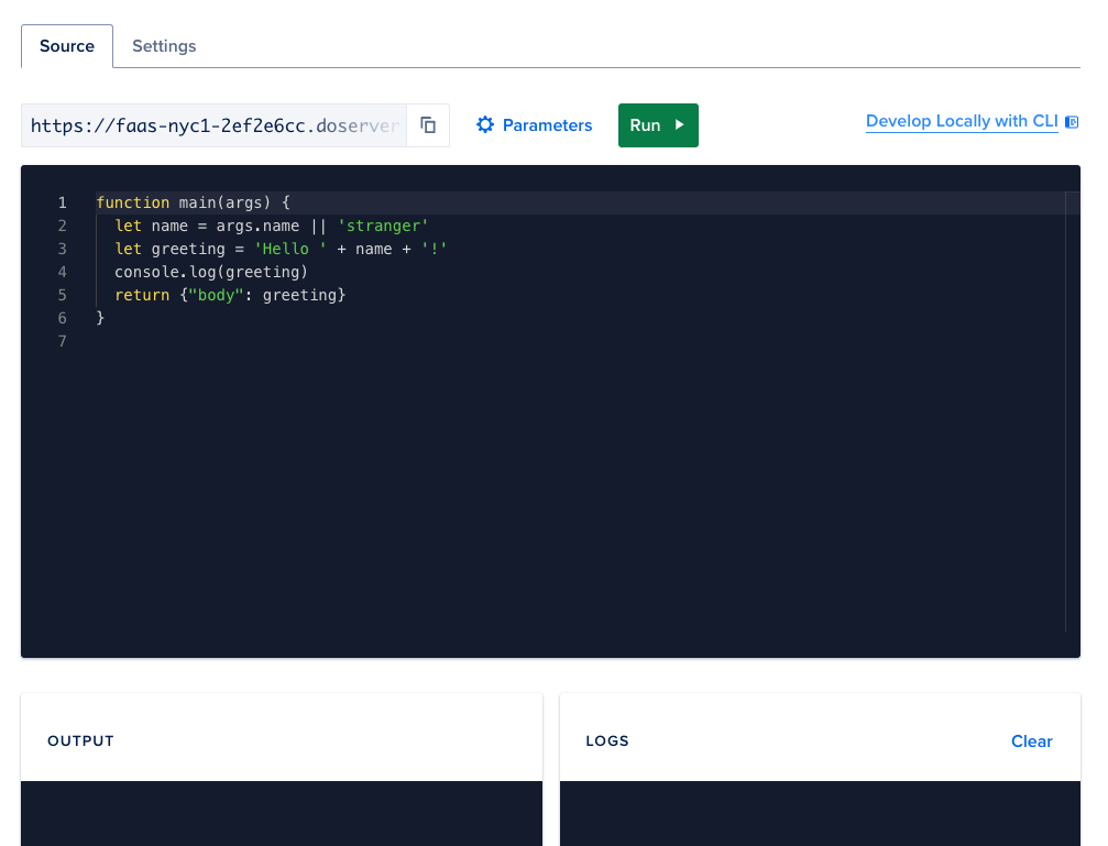 The Source tab of a sample/hello function and the Output and Logs areas.