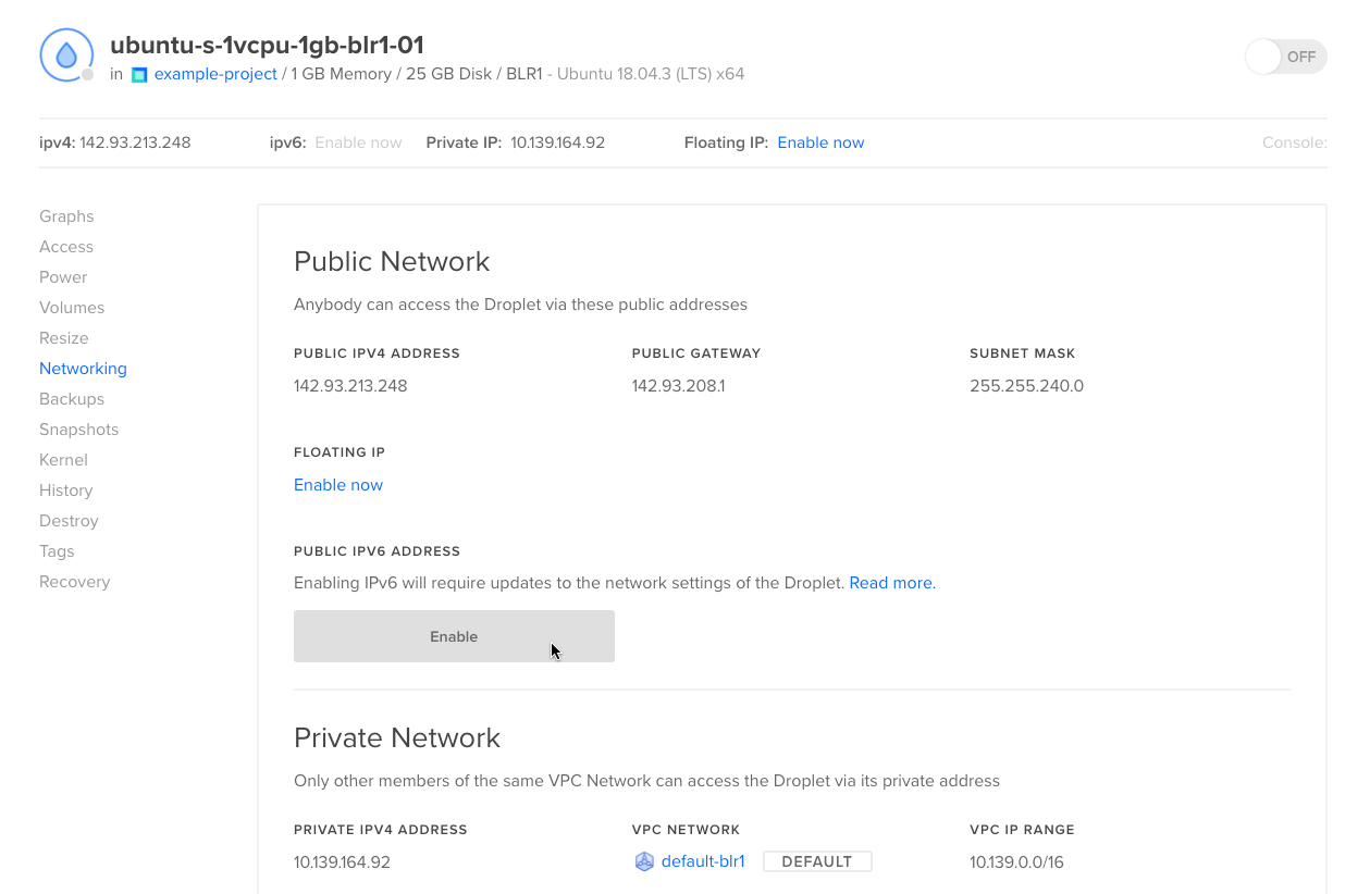 The Droplet Networking page with the IPv6 enable button highlighted