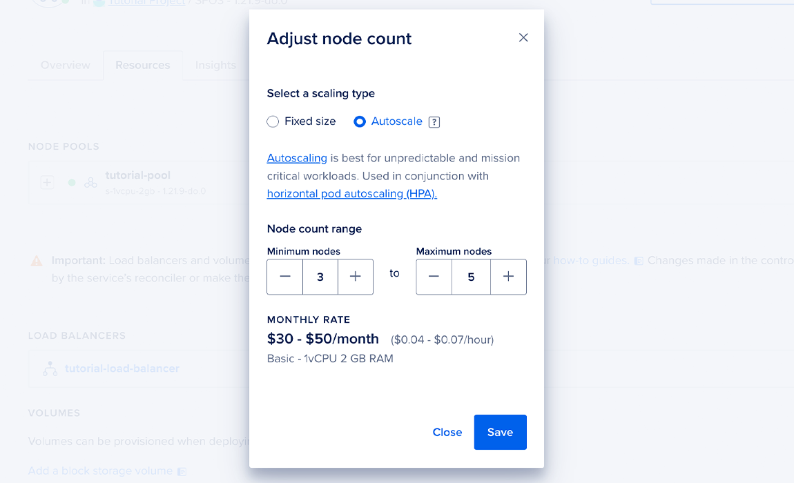 DOKS node pool resizing modal