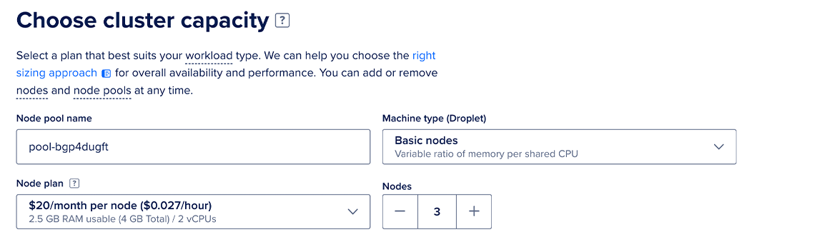 Cluster capacity section with node plan selected