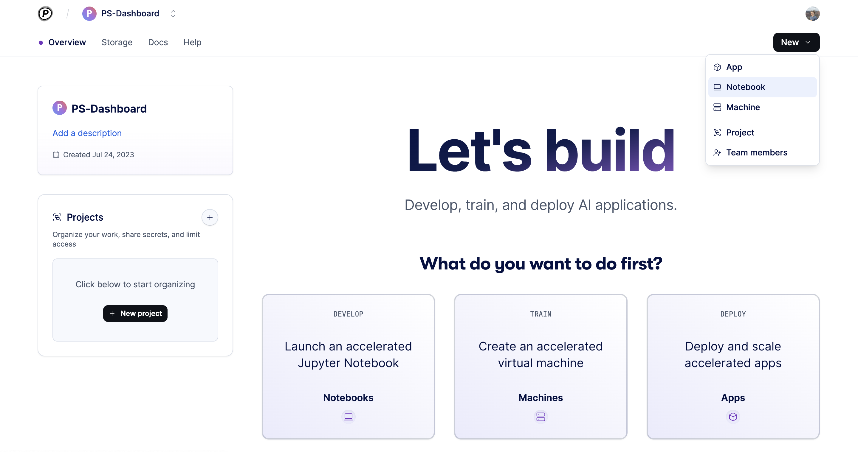 Dashboard showing where to start the notebook process