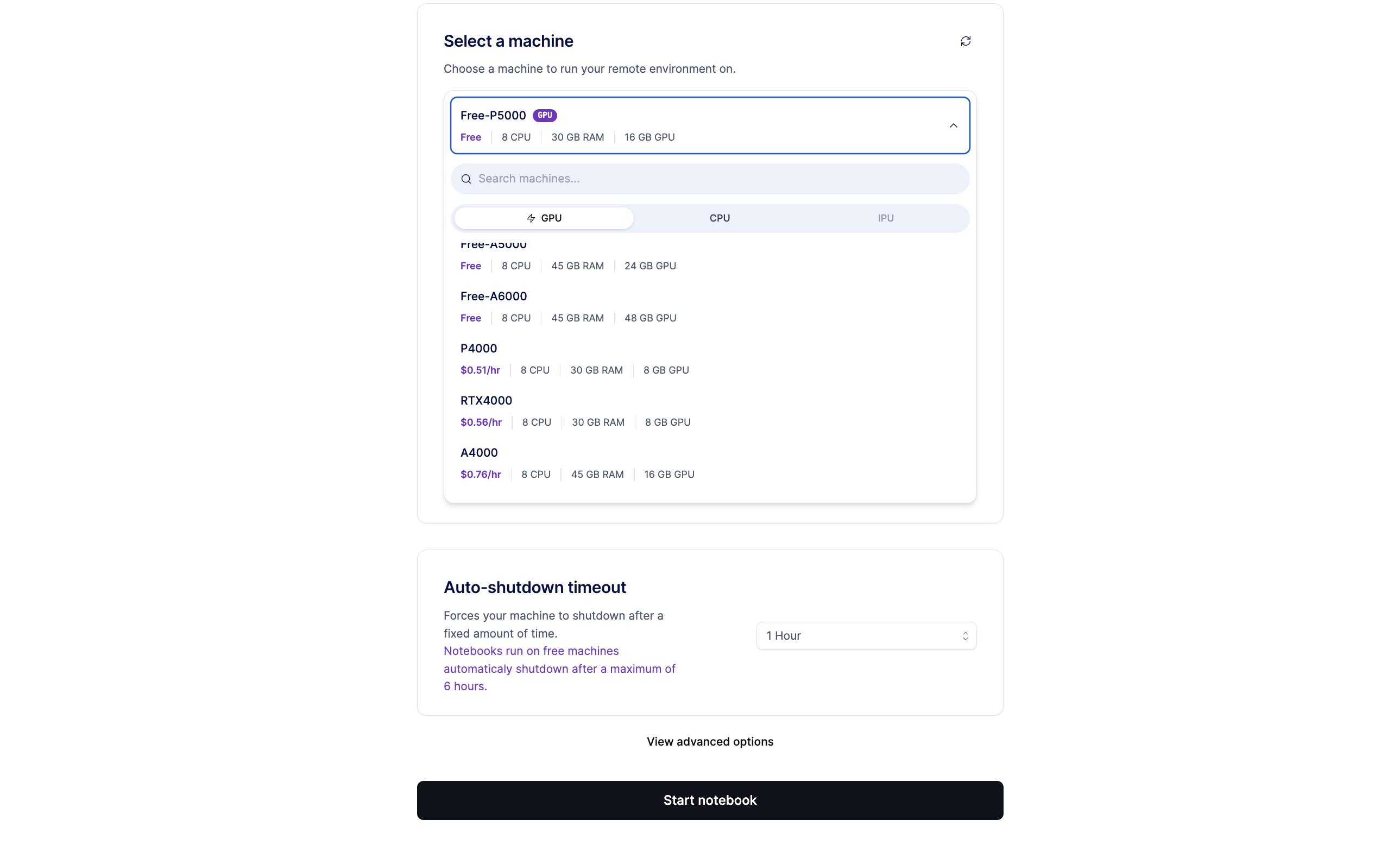 Dashboard showing machine and autoshutdown selectors