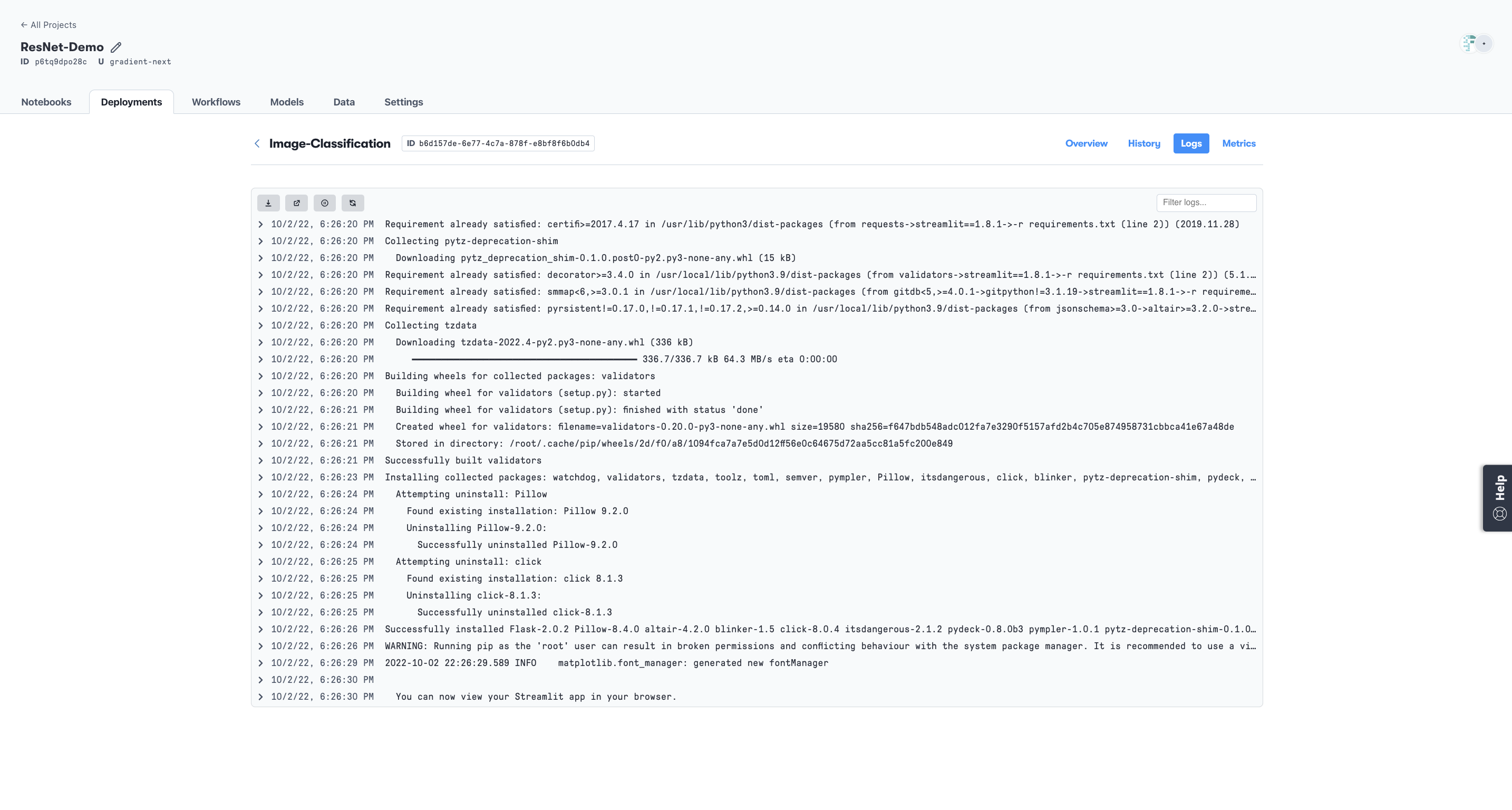 Viewing logs in Gradient Deployments