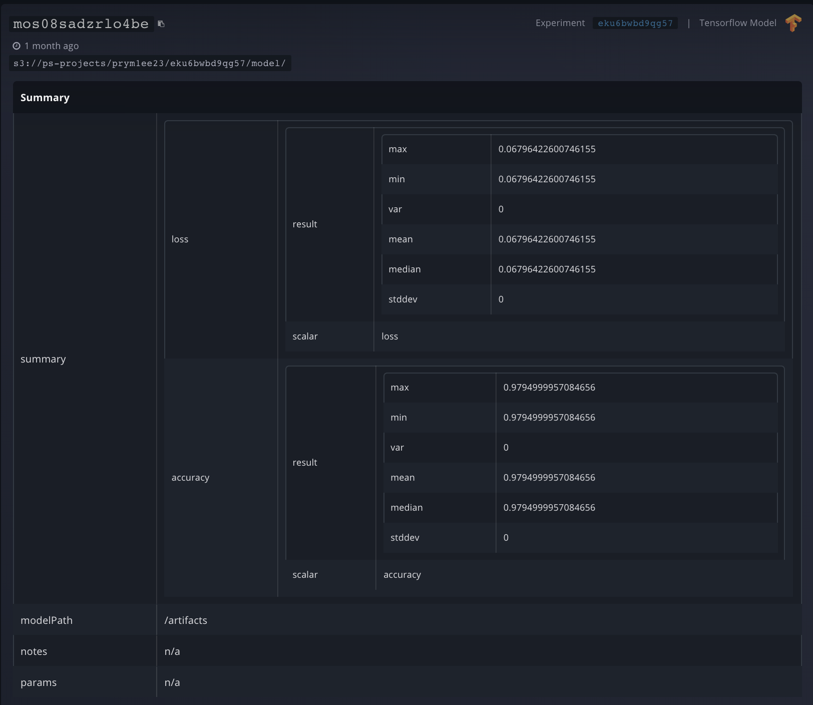 Expanded Model Details showing performance metrics