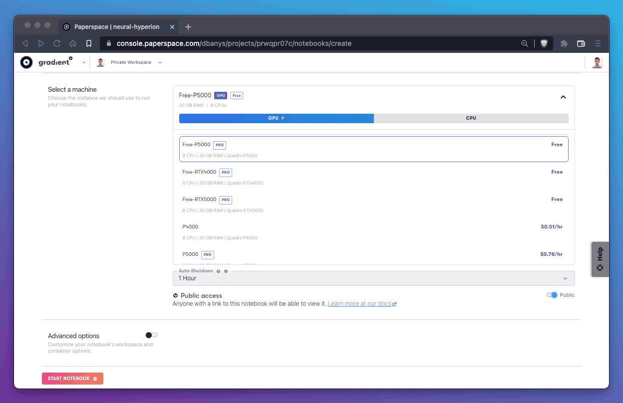 list of GPU and CPU-backed machines