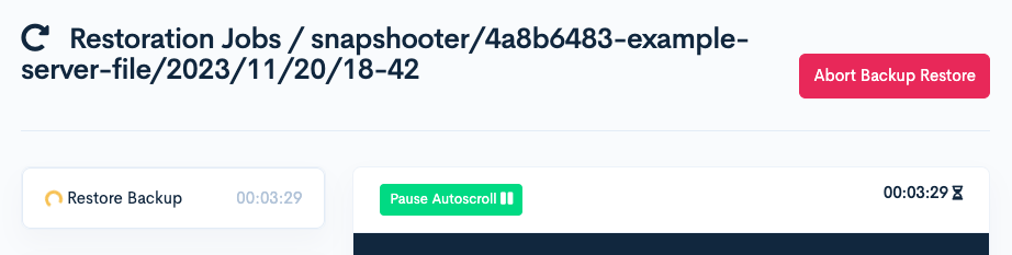 A screenshot of a restoration job details page, showing the tile of the job and the date of the backup being restored, along with an 'elapsed time' display and a red 'Abort Backup Restore' button.
