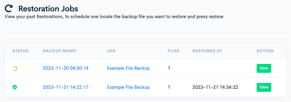 A screenshot of the 'Restoration Jobs' page with two jobs listed in a table. There are columns for status, name, job type, number of files, restoration date, and a 'View' action button. The status of the first job listed is a rotating yellow circle, showing the job is still in progress. The second job has a white checkmark inside a green circle, indicating the job is done.