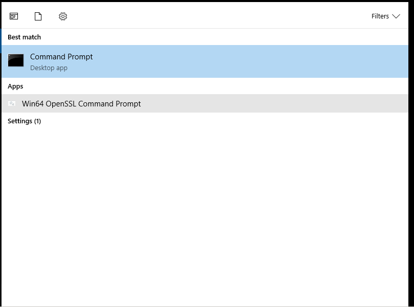 screenshot of the Windows search results for the query 'OpenSSL'. The results show 'Win64 OpenSSL Command Prompt'
