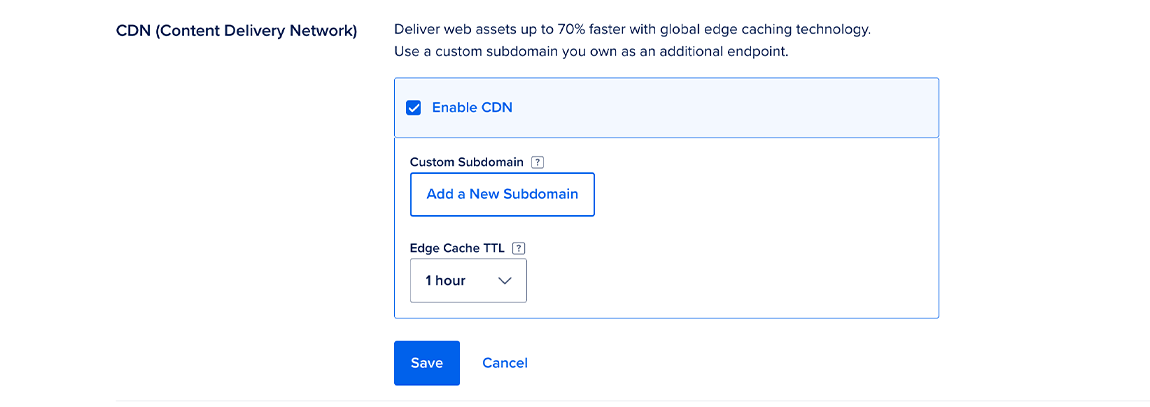 The Settings tab for a bucket with CDN settings opened