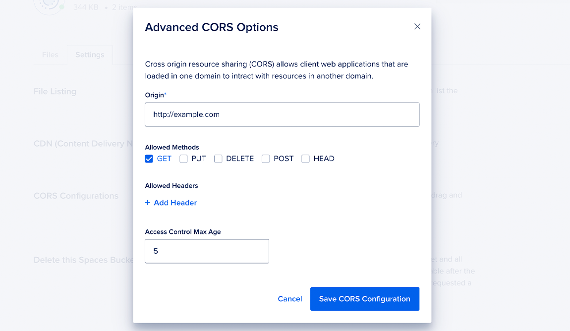 The Advanced CORS Options window