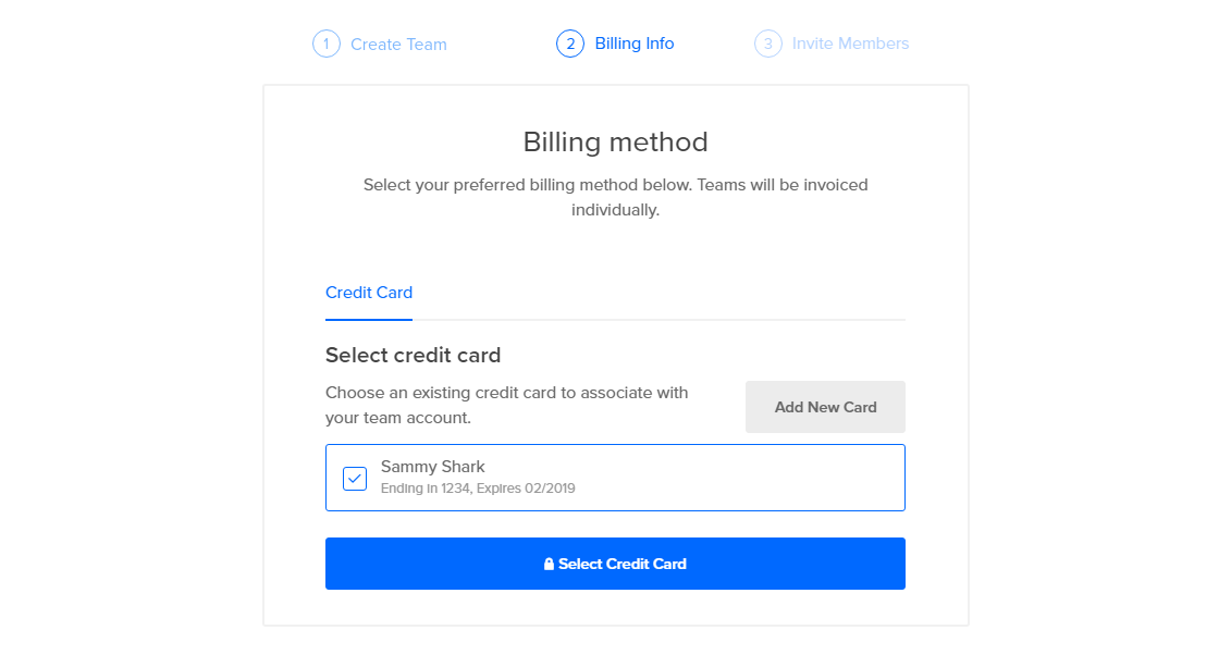 The create a team billing method window