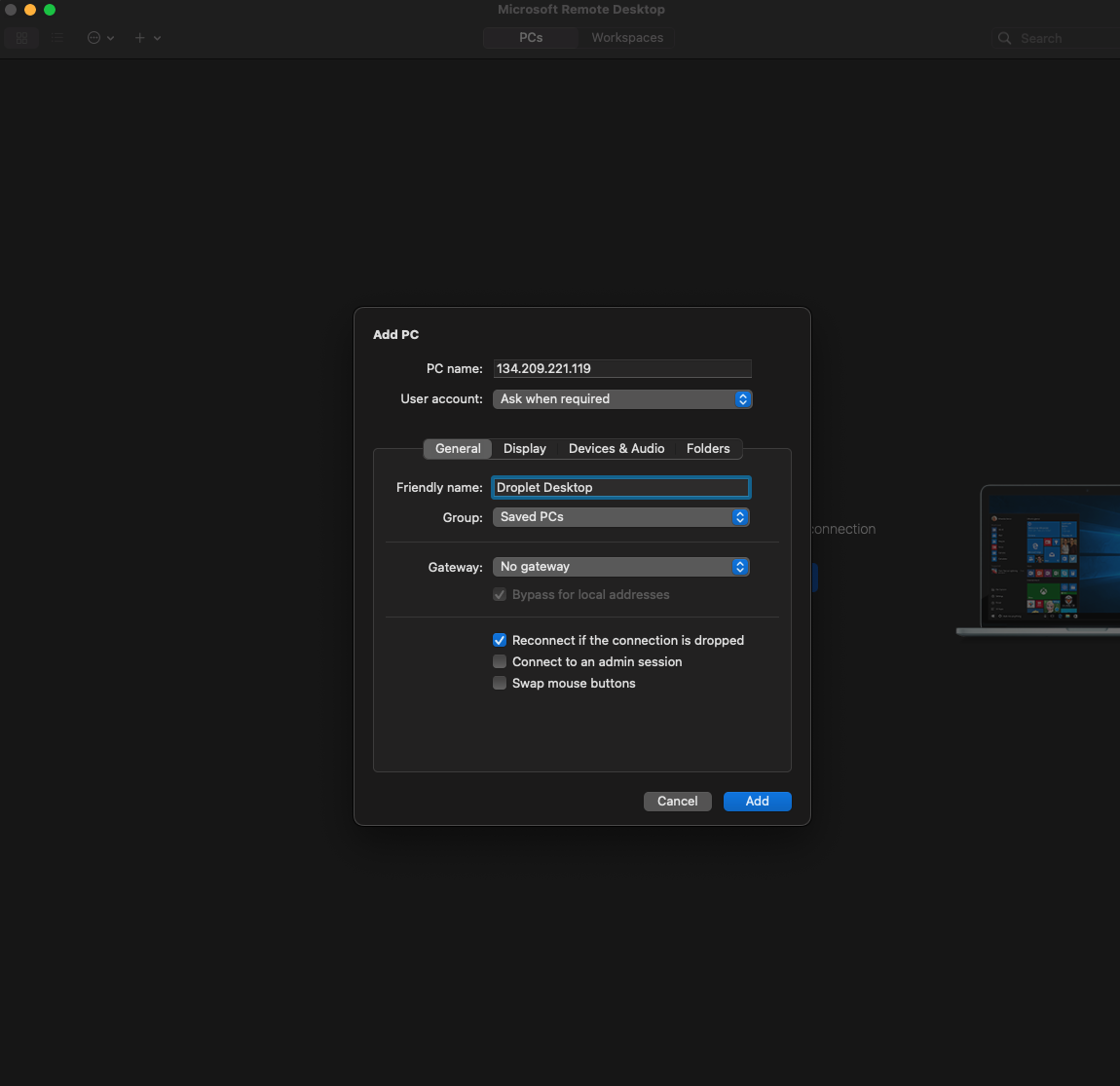 Microsoft RDP Add PC menu